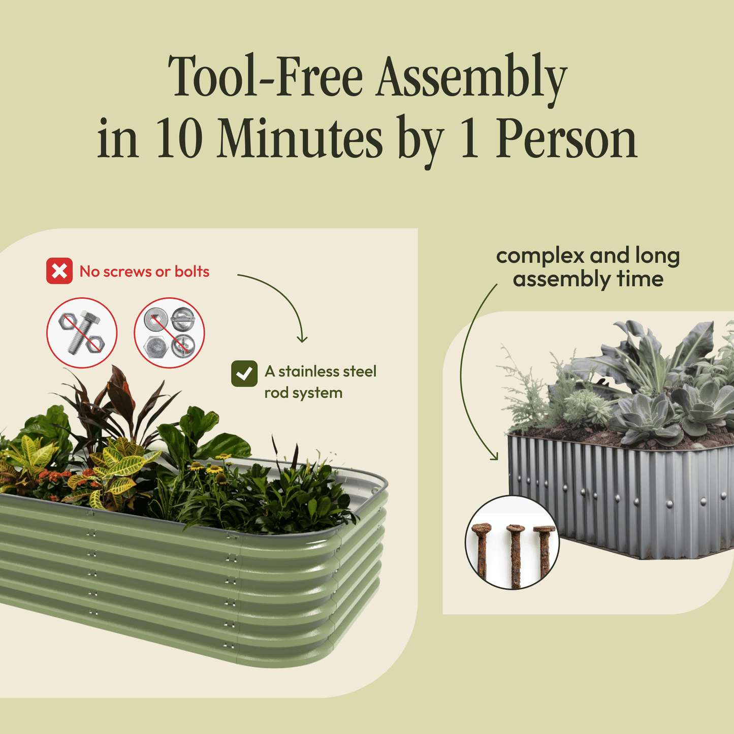 Metal raised garden bed filled with soil and vegetables growing in backyard setting