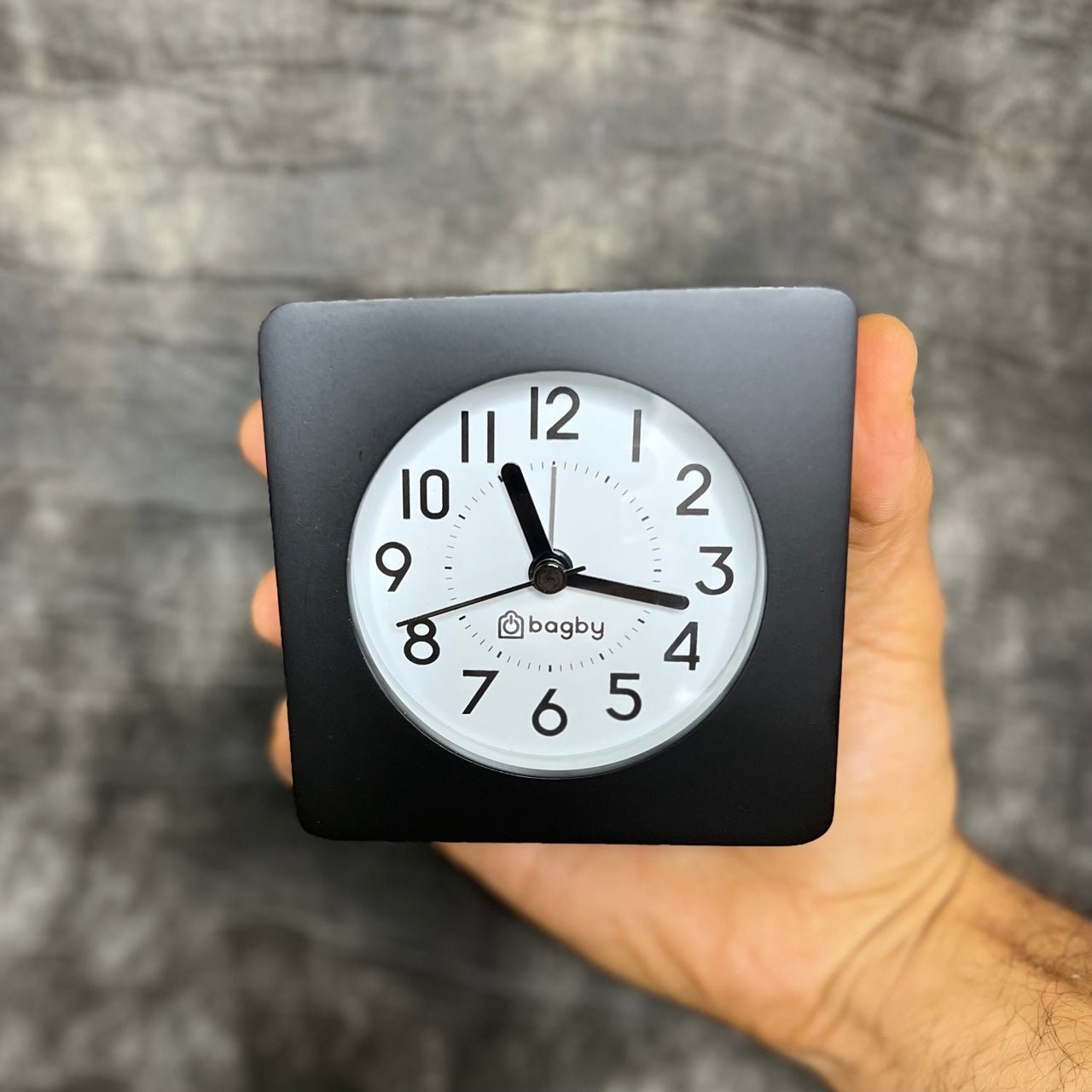 Close-up of Bagby CLASSIC Silent Alarm Clock face showing hour markers and silent sweep hands