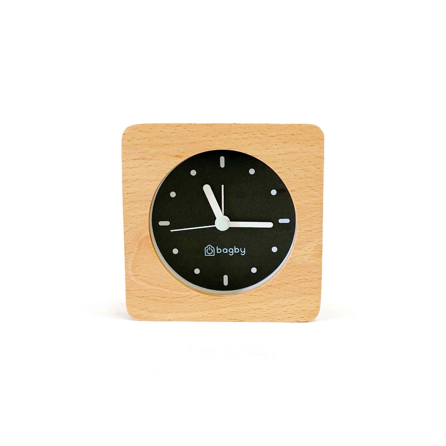 Bagby MINIMALIST Silent Alarm Clock showing clean white face with simple hour markers and no numerals