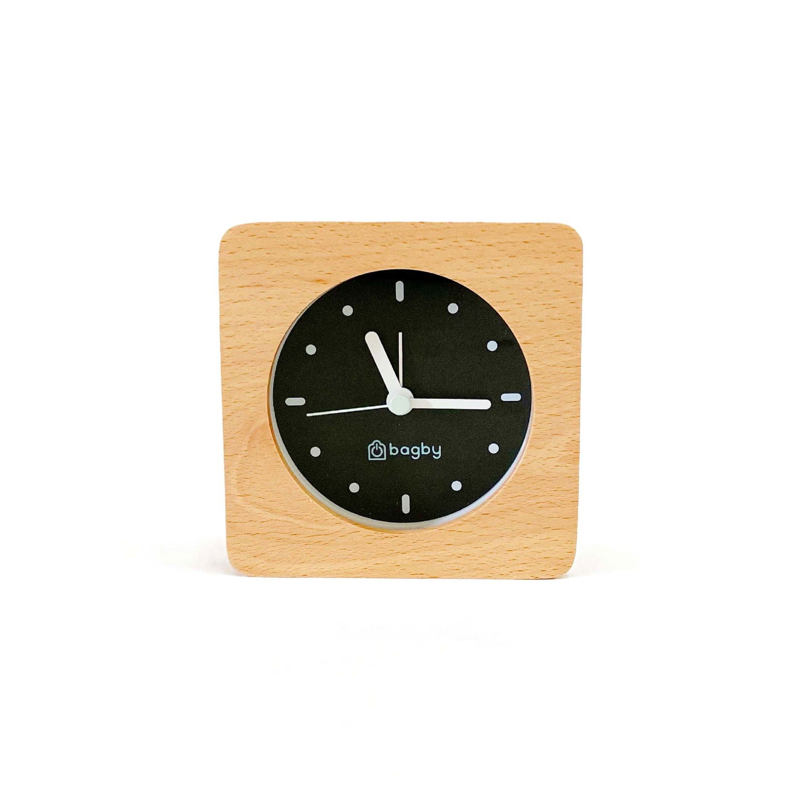 Bagby MINIMALIST Silent Alarm Clock showing clean white face with simple hour markers and no numerals