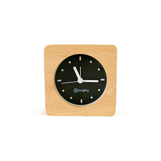 Bagby MINIMALIST Silent Alarm Clock showing clean white face with simple hour markers and no numerals