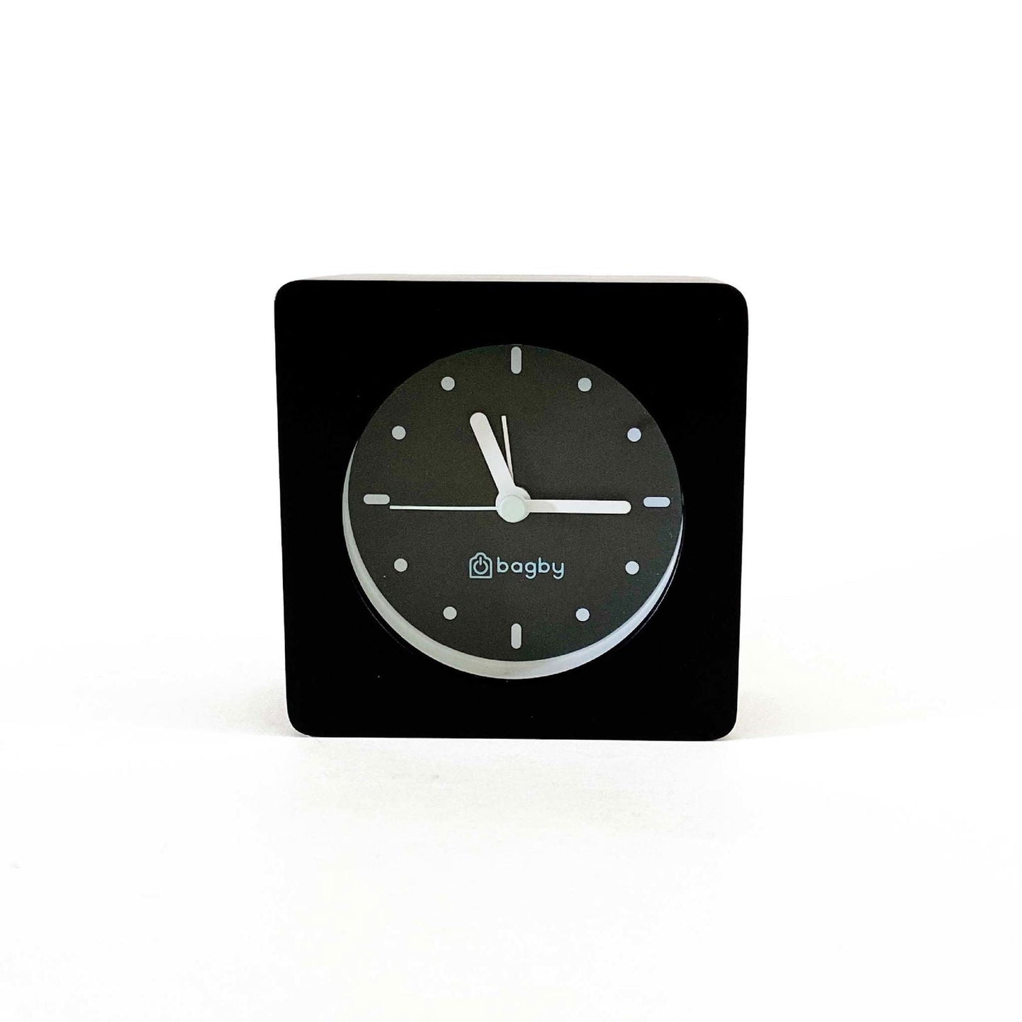 Bagby MINIMALIST Silent Alarm Clock on modern nightstand next to bed in contemporary bedroom