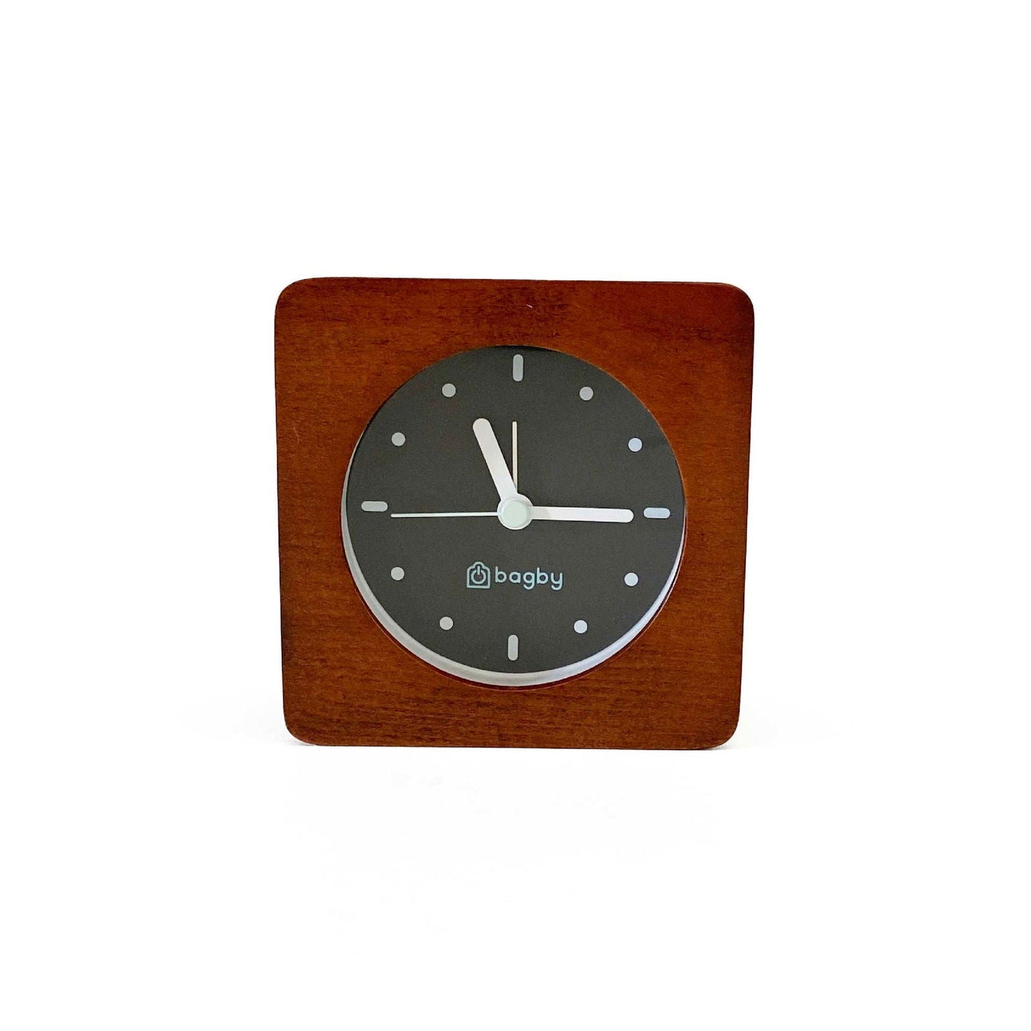 Close-up of Bagby MINIMALIST alarm clock face showing minimal hour markers and silent sweep hands