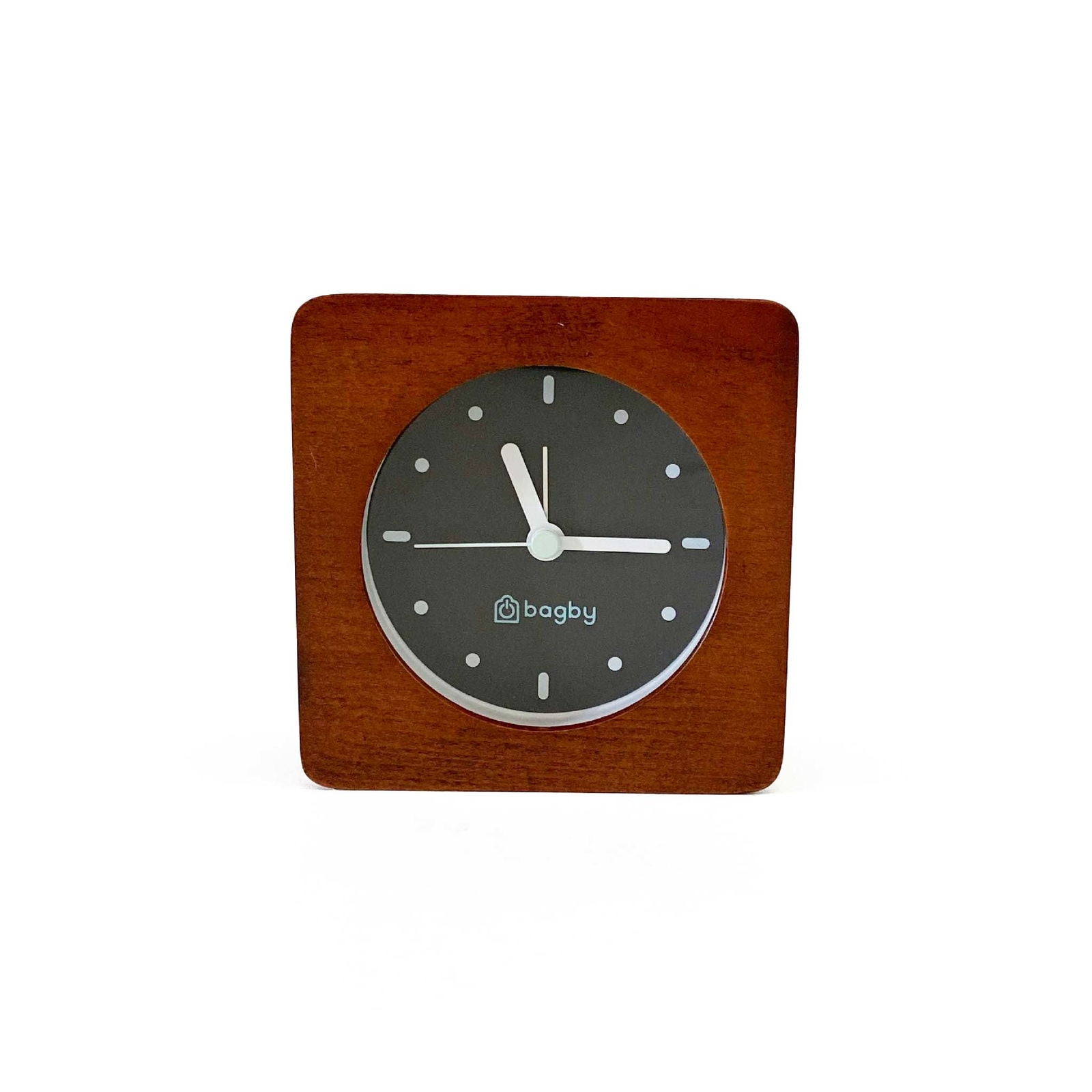 Close-up of Bagby MINIMALIST alarm clock face showing minimal hour markers and silent sweep hands