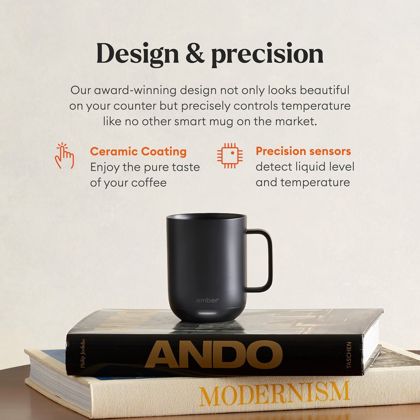 Close-up of Ember Mug 2 ceramic coating and handle design showing scratch-resistant finish