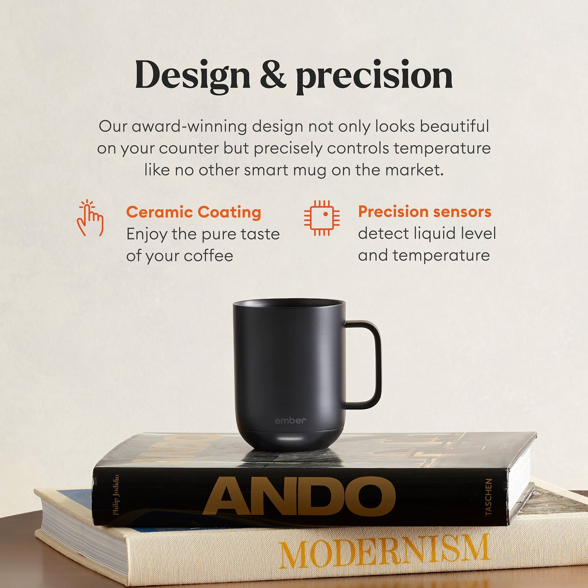 Close-up of Ember Mug 2 ceramic coating and handle design showing scratch-resistant finish