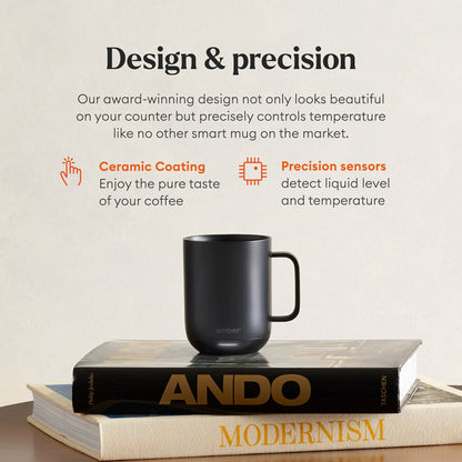 Close-up of Ember Mug 2 ceramic coating and handle design showing scratch-resistant finish
