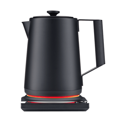 SAKI Luna Electric Kettle Pro in matte black with gooseneck spout and LCD display on cordless base