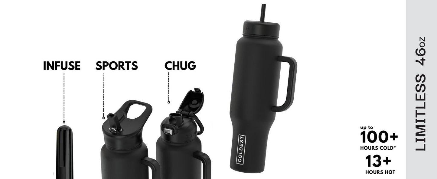 COLDEST 46oz Limitless Ultra v8 water bottle in matte black showing straw lid and handle