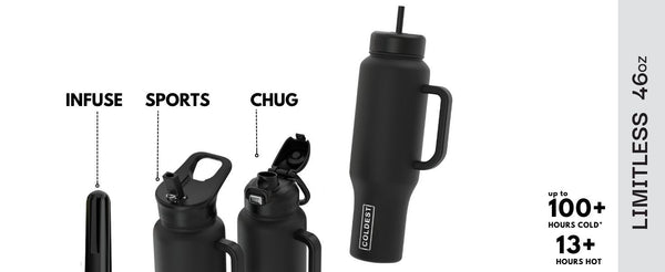 COLDEST 46oz Limitless Ultra v8 water bottle in matte black showing straw lid and handle