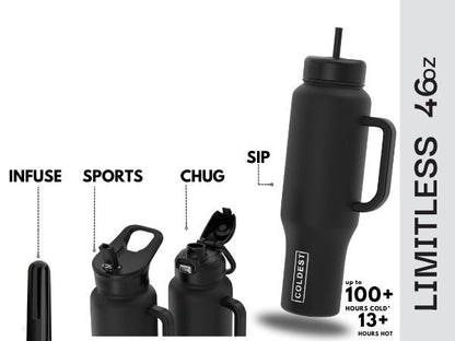 Person using COLDEST 46oz water bottle at gym, drinking from integrated straw